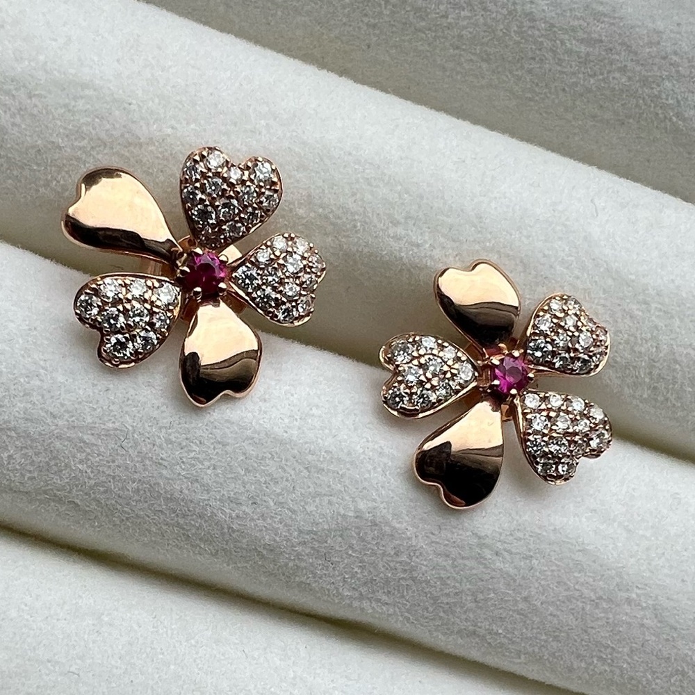 Effy 14K Rose Gold Ruby & Diamond Flower Earrings